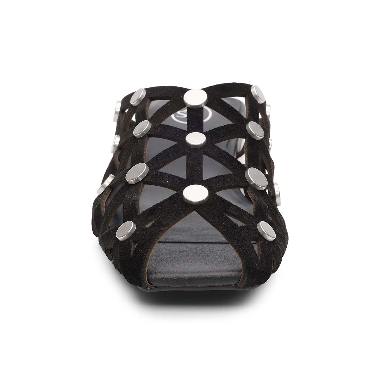 Bone Square Toe Studded Open Weave Flat Mule