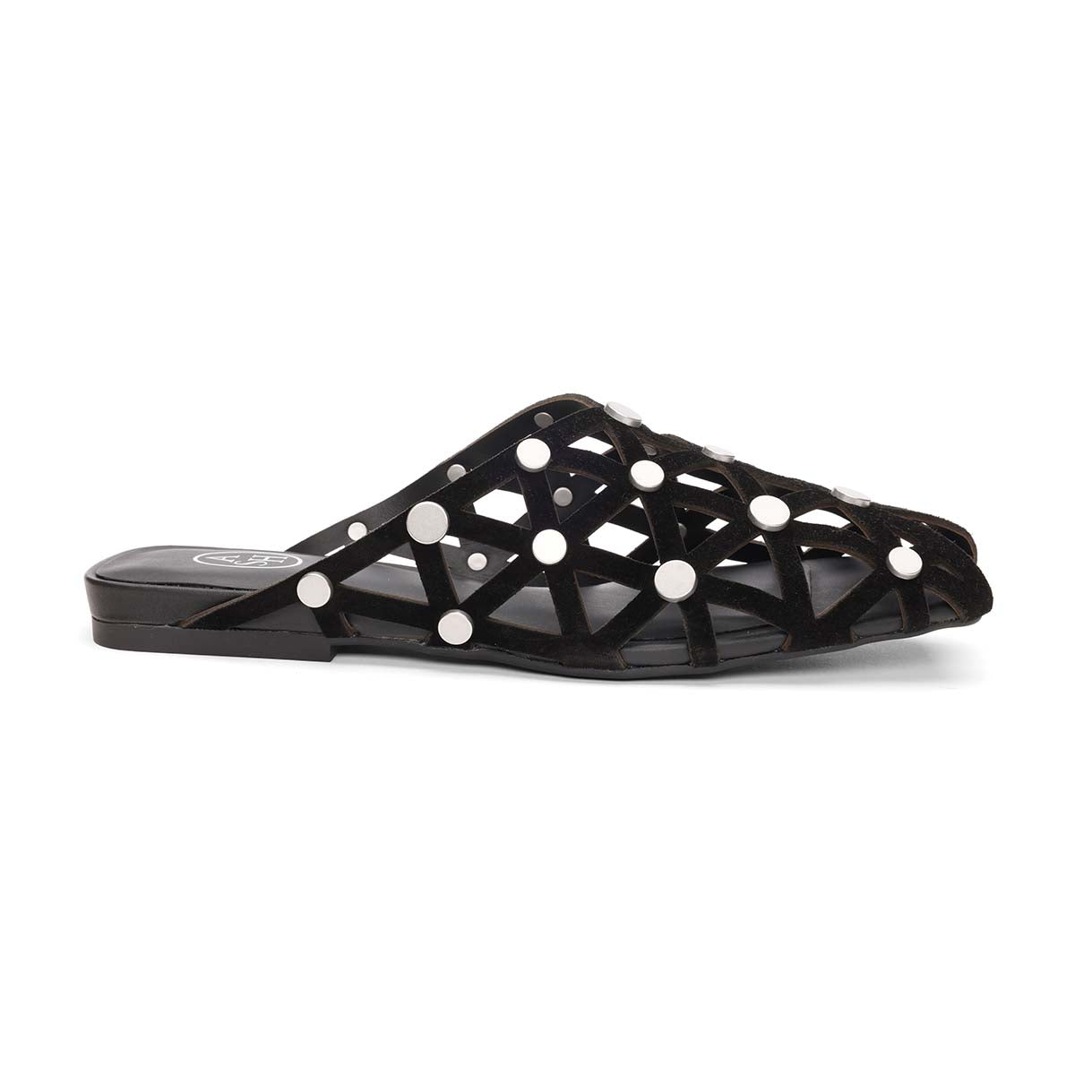 Bone Square Toe Studded Open Weave Flat Mule