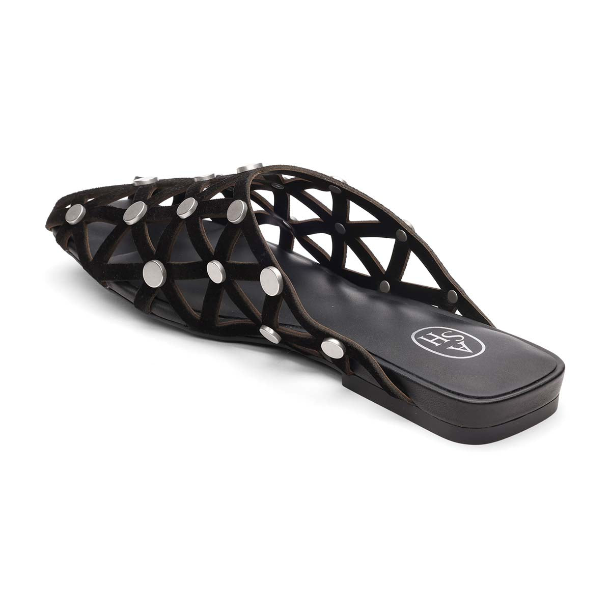 Bone Square Toe Studded Open Weave Flat Mule