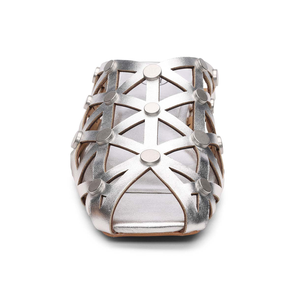 Bone Square Toe Studded Open Weave Flat Mule