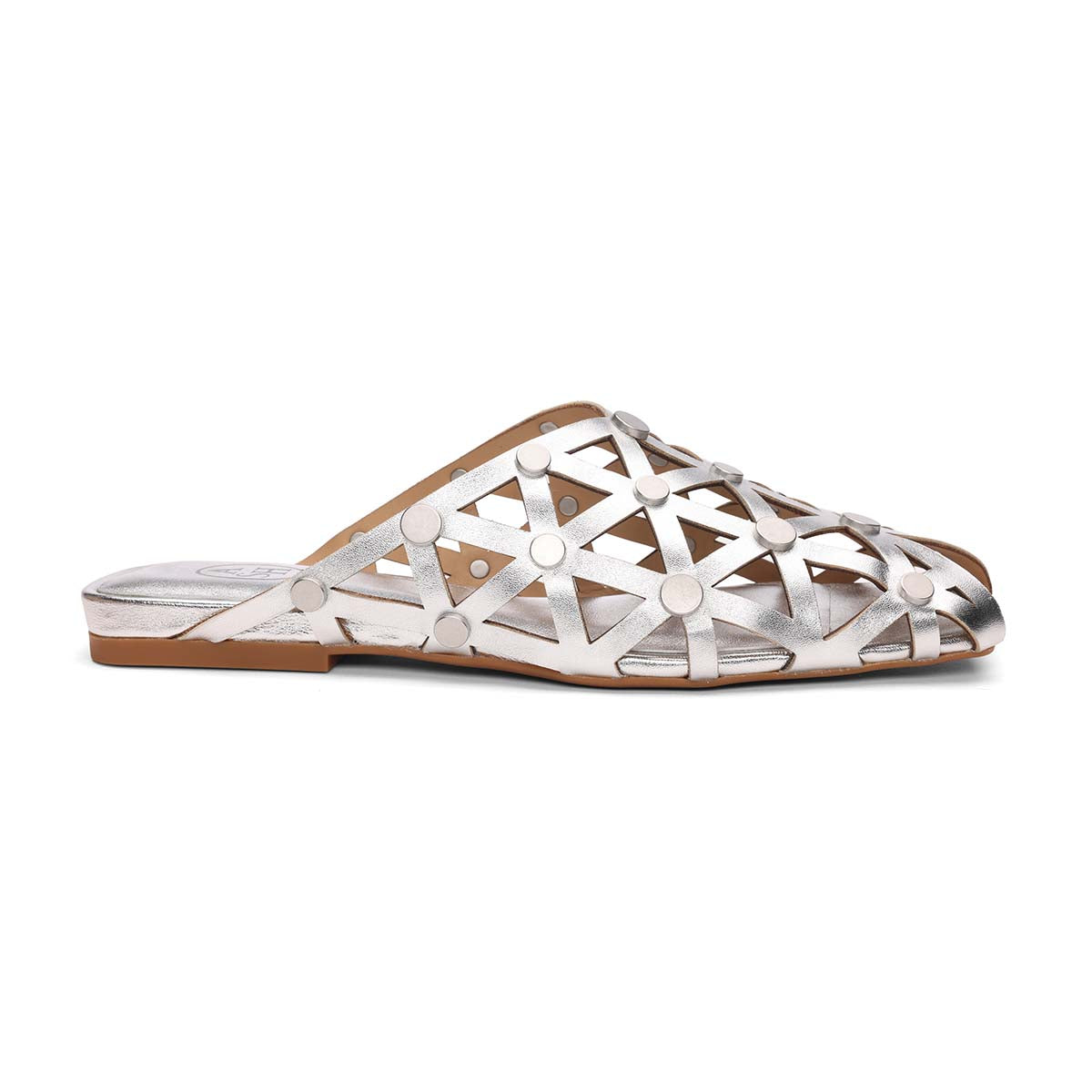 Bone Square Toe Studded Open Weave Flat Mule