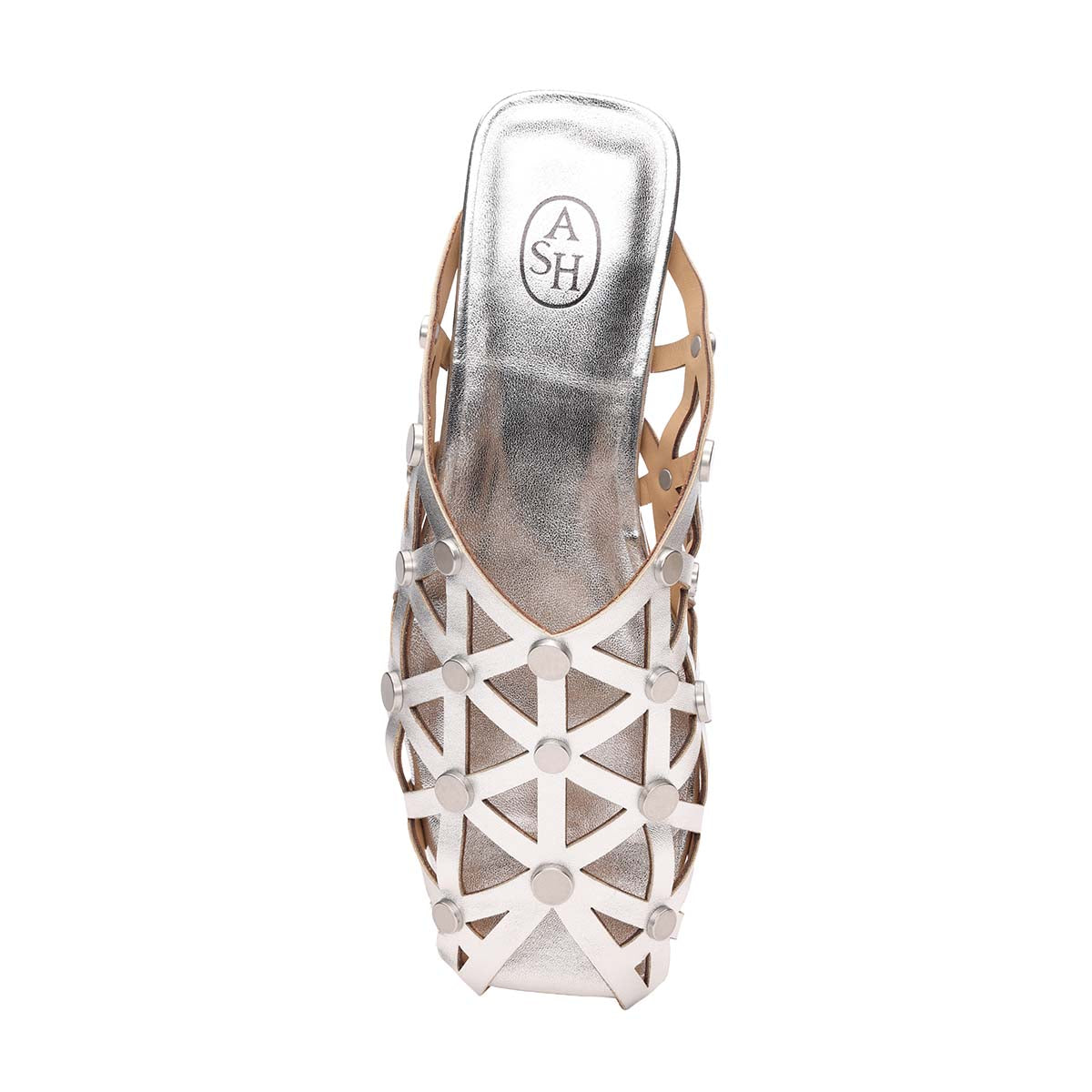 Bone Square Toe Studded Open Weave Flat Mule