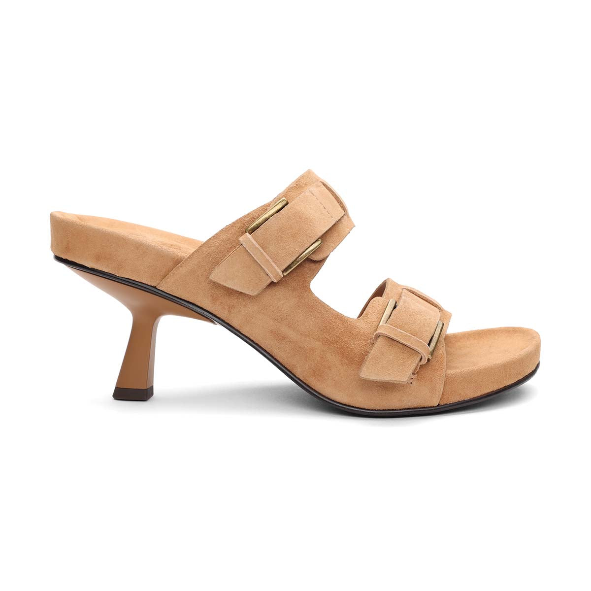 Jakarta Double Buckle Suede Kitten Heel Footbed Sandal