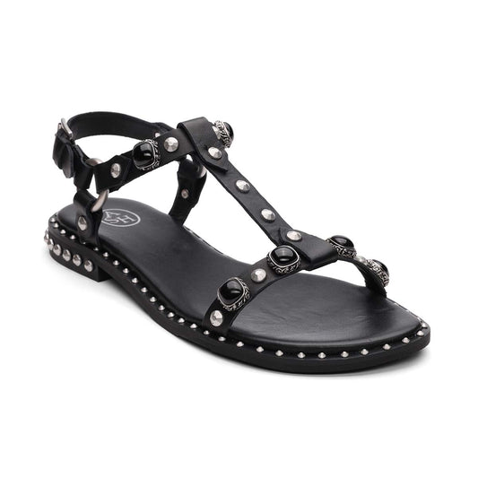 Pebble Leather Studded T-Strap Flat Sandal