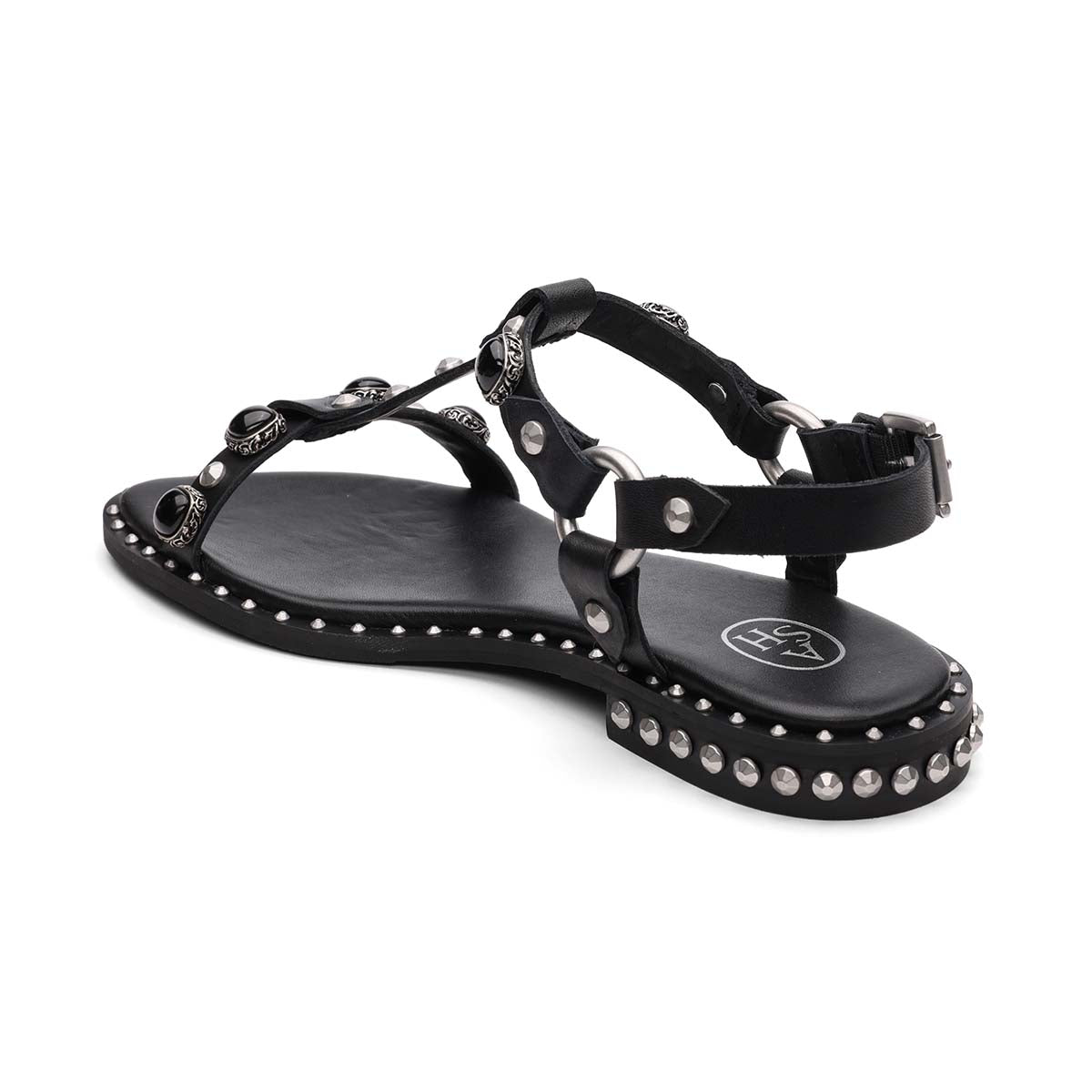Pebble Leather Studded T-Strap Flat Sandal