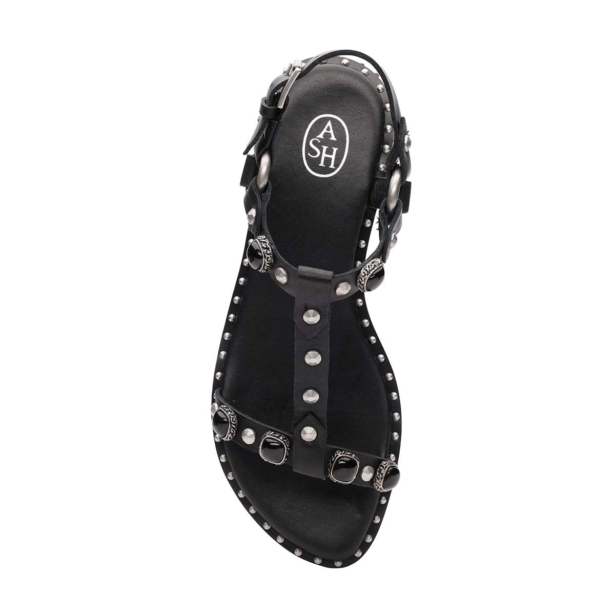 Pebble Leather Studded T-Strap Flat Sandal