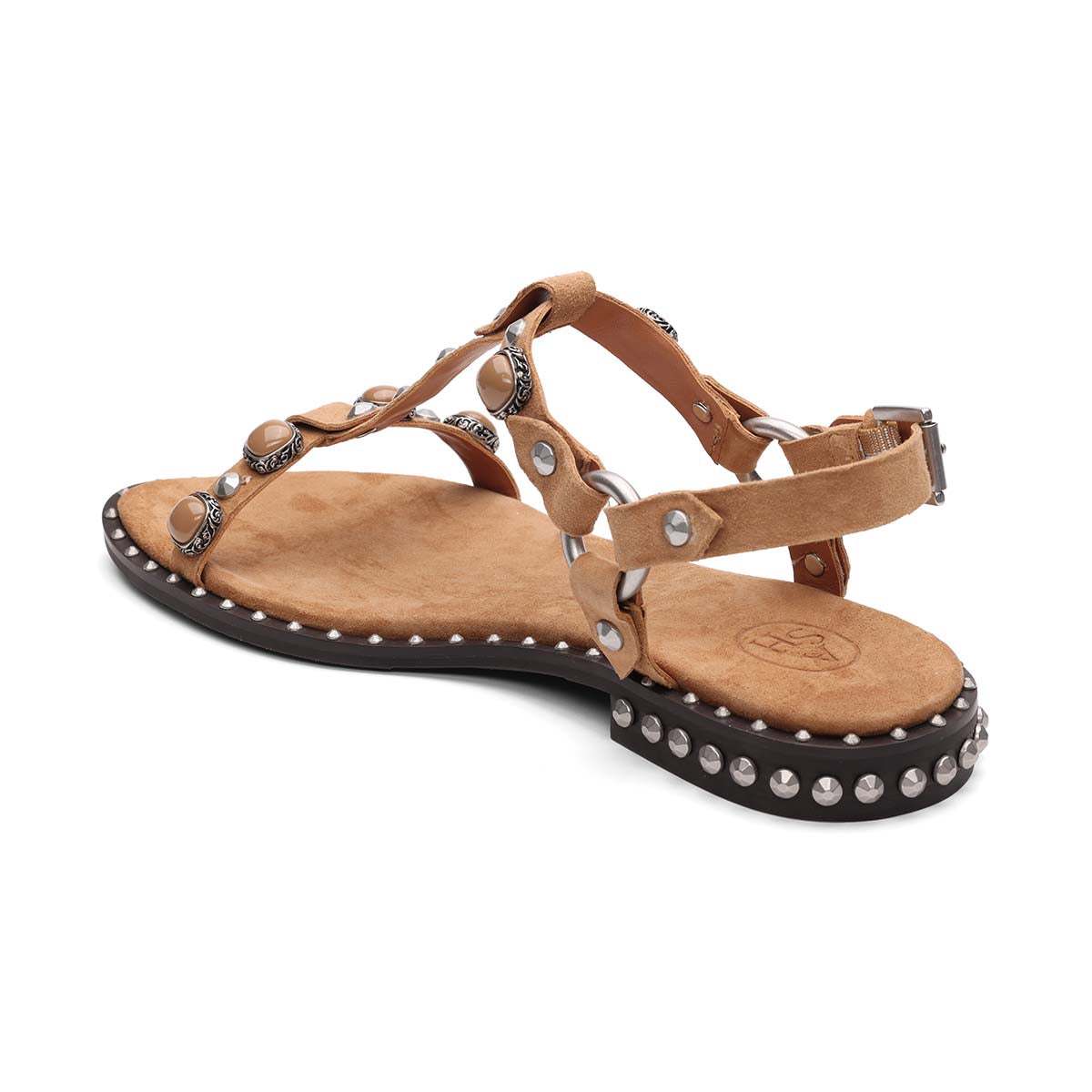 Pebble Suede Studded T-Strap Flat Sandal