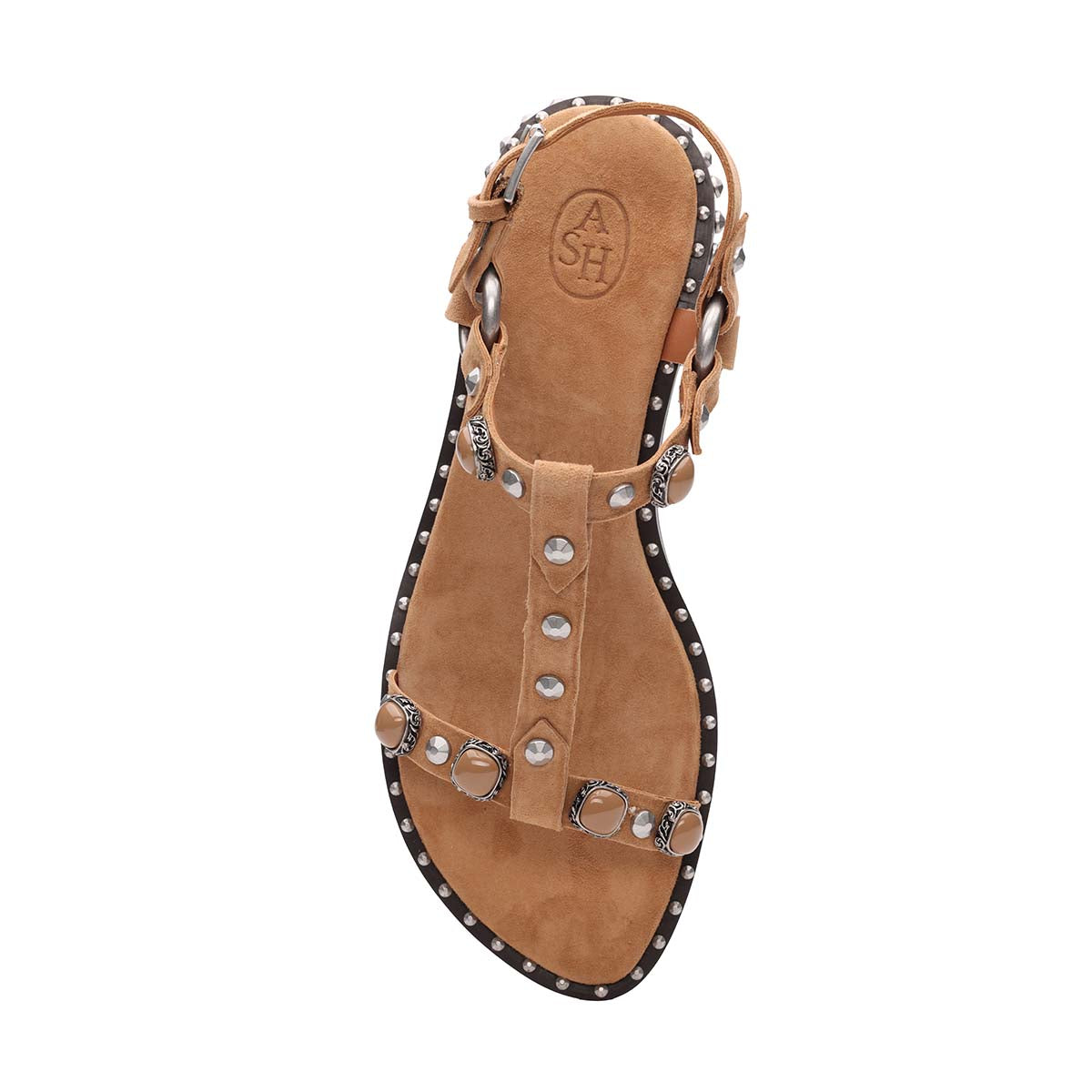 Pebble Suede Studded T-Strap Flat Sandal