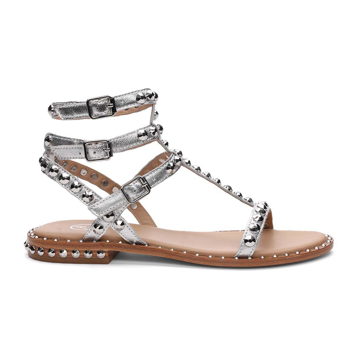 Play Studded Metallic Silver Flat Sandals - Side - ASH