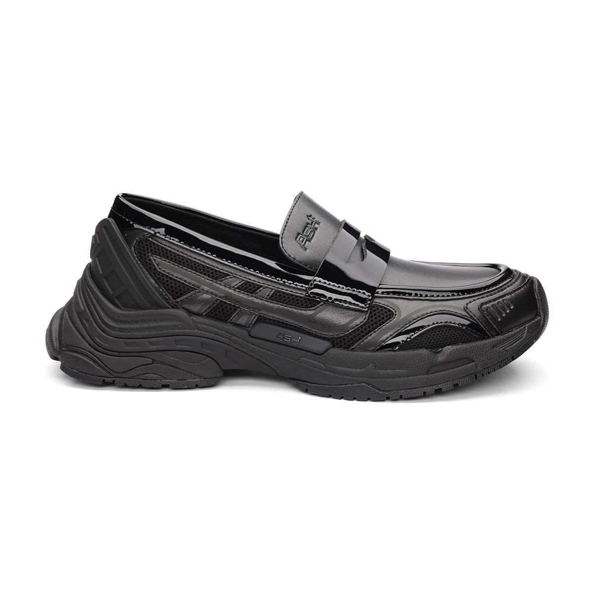Black-slip-on-shoe-with-a-thick-sole-on-a-white-background
