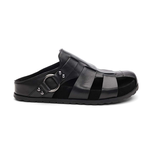 Terry Black Leather Fisherman Sandals - Side - ASH